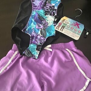 Youth Girls Swim Set - Purple and Black one-piece with shorts Size 14
